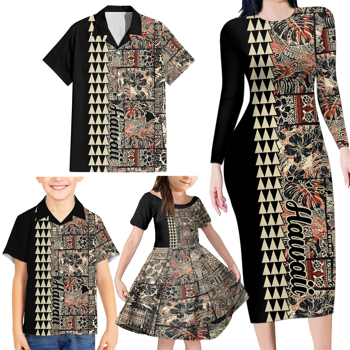 Hawaiian Quilt Family Matching Long Sleeve Bodycon Dress and Hawaiian Shirt Hibiscus Kakau Vintage Style - Wonder Print Shop