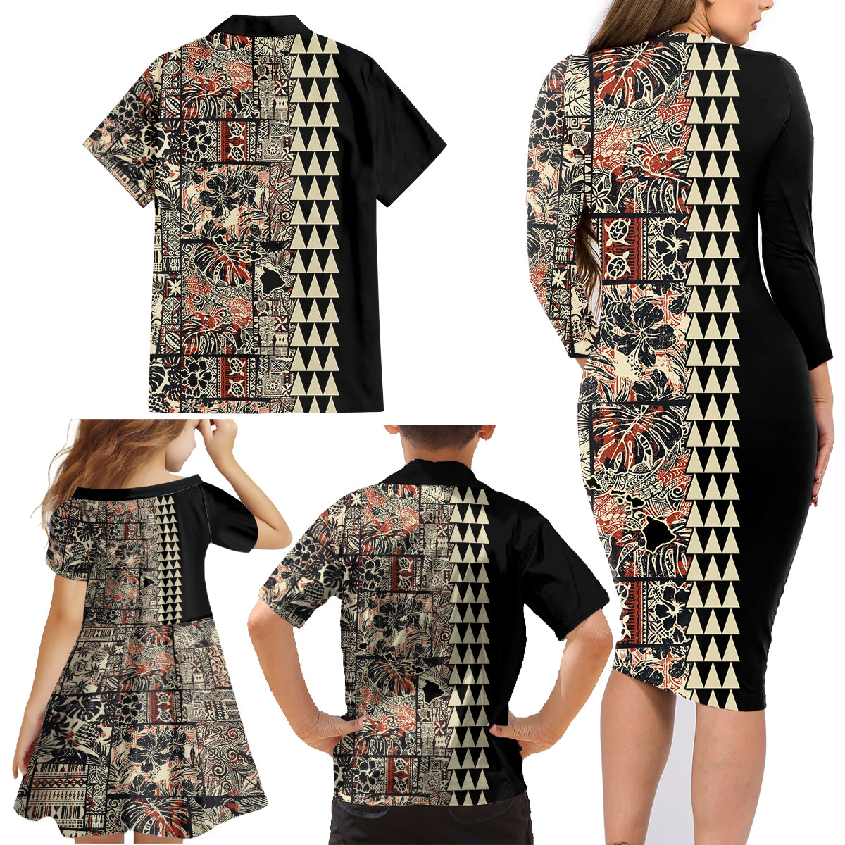 Hawaiian Quilt Family Matching Long Sleeve Bodycon Dress and Hawaiian Shirt Hibiscus Kakau Vintage Style - Wonder Print Shop