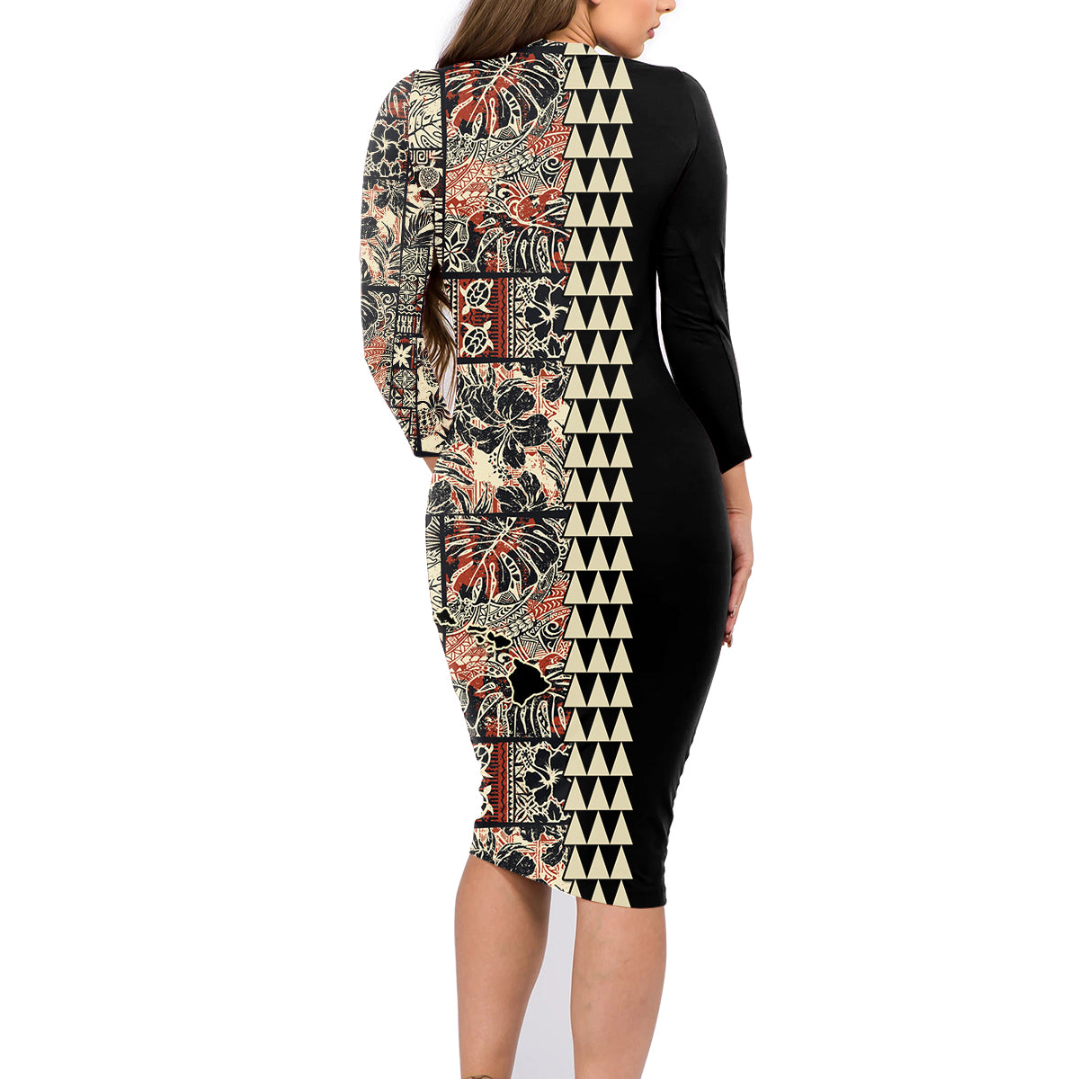 Hawaiian Quilt Family Matching Long Sleeve Bodycon Dress and Hawaiian Shirt Hibiscus Kakau Vintage Style - Wonder Print Shop