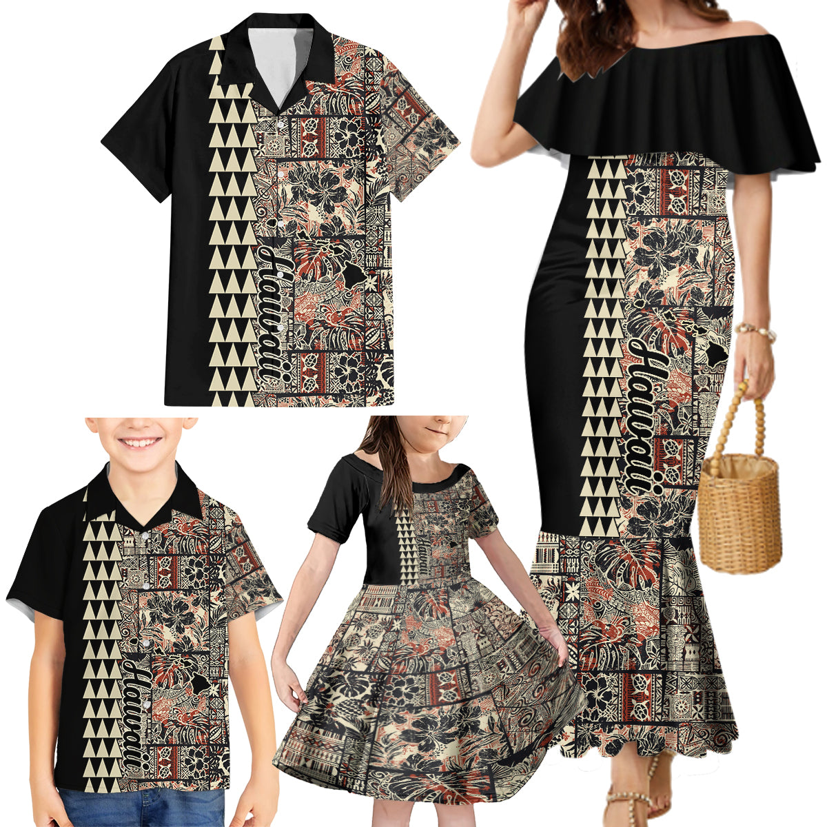Hawaiian Quilt Family Matching Mermaid Dress and Hawaiian Shirt Hibiscus Kakau Vintage Style - Wonder Print Shop