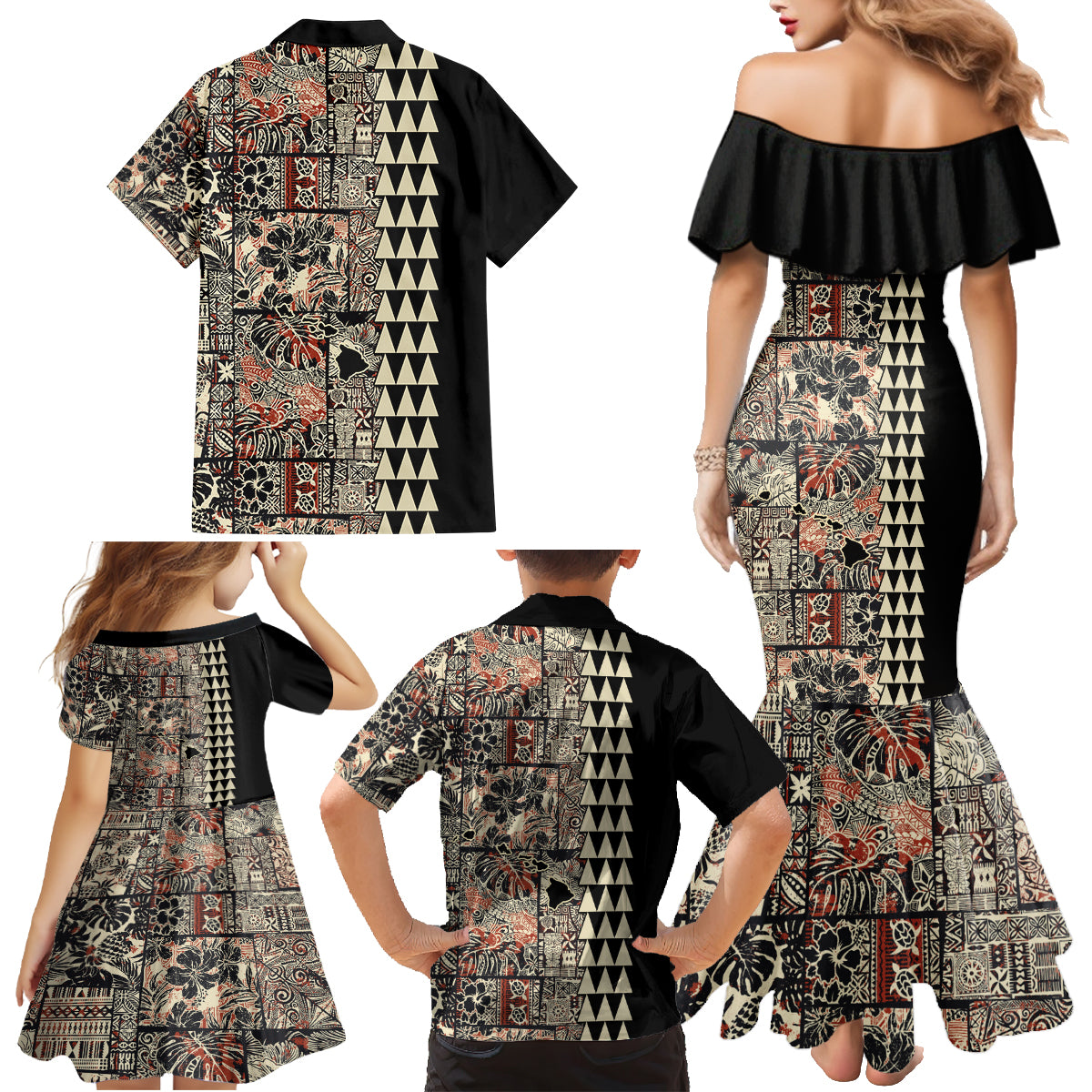 Hawaiian Quilt Family Matching Mermaid Dress and Hawaiian Shirt Hibiscus Kakau Vintage Style - Wonder Print Shop