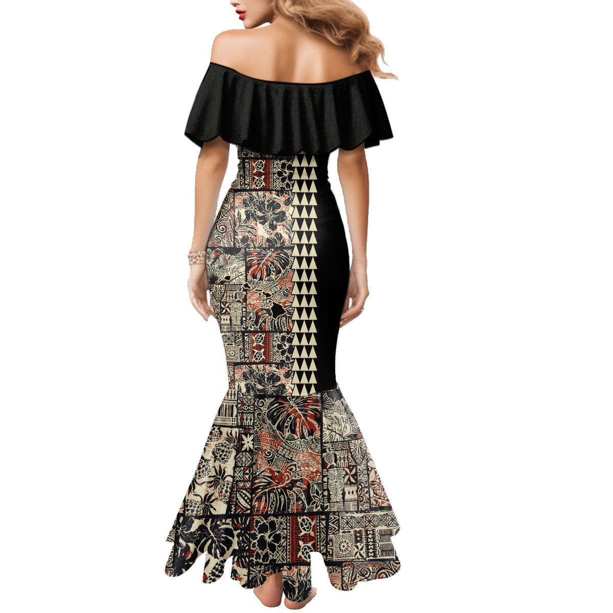 Hawaiian Quilt Family Matching Mermaid Dress and Hawaiian Shirt Hibiscus Kakau Vintage Style - Wonder Print Shop