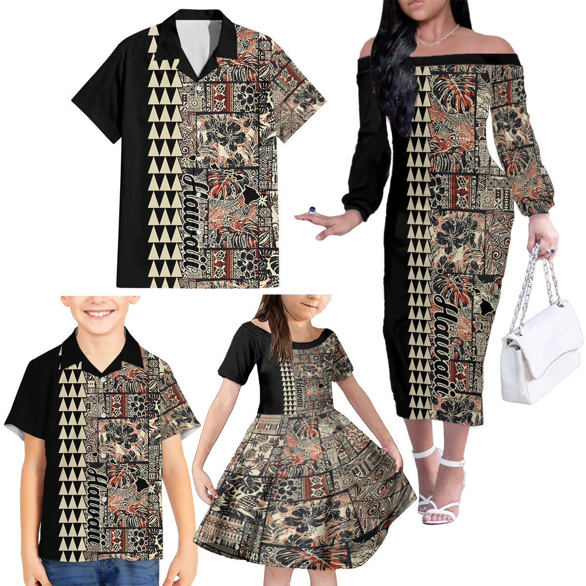 Hawaiian Quilt Family Matching Off Shoulder Long Sleeve Dress and Hawaiian Shirt Hibiscus Kakau Vintage Style - Wonder Print Shop