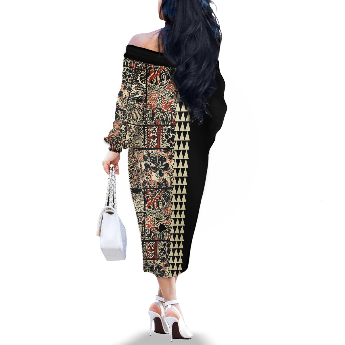 Hawaiian Quilt Family Matching Off Shoulder Long Sleeve Dress and Hawaiian Shirt Hibiscus Kakau Vintage Style - Wonder Print Shop