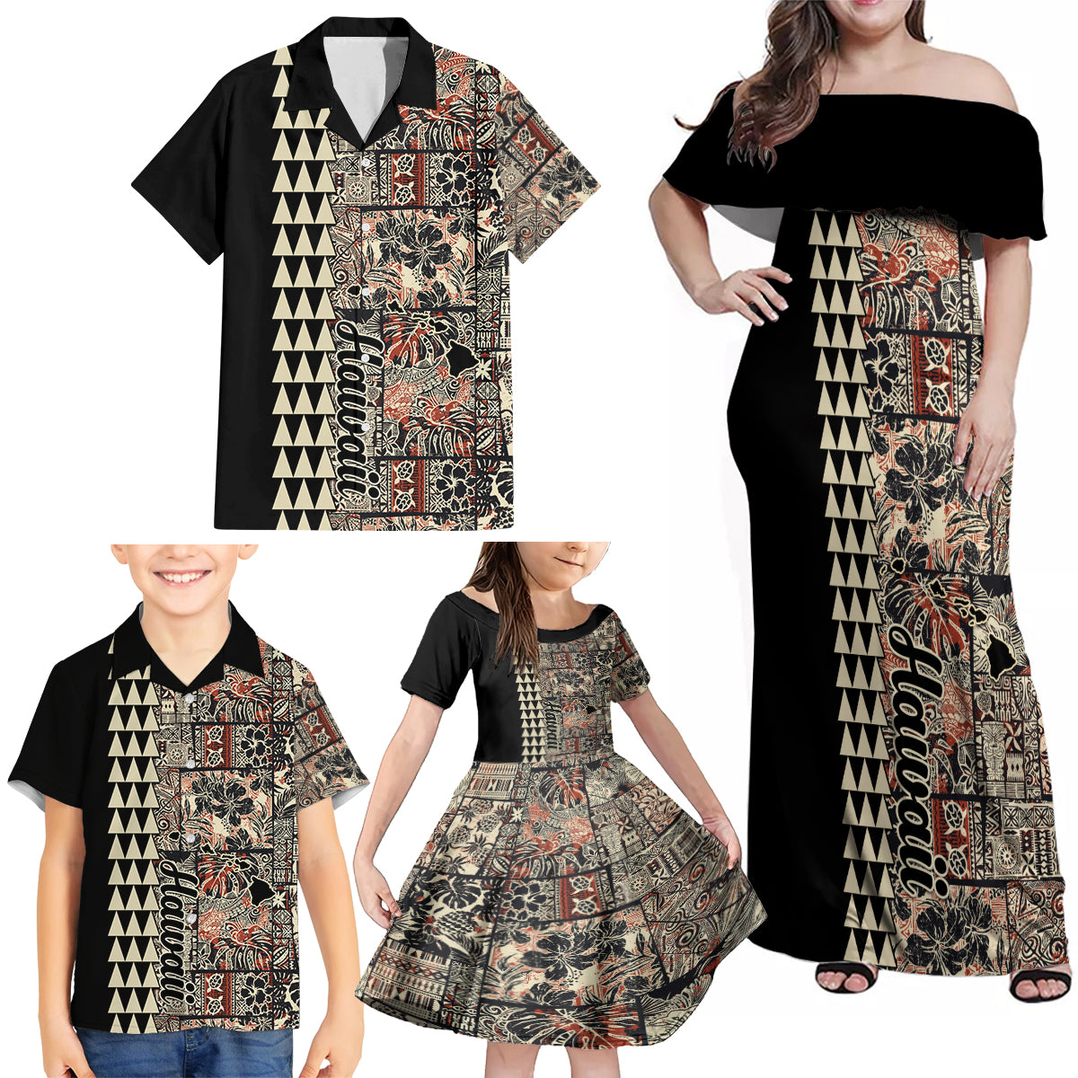 Hawaiian Quilt Family Matching Off Shoulder Maxi Dress and Hawaiian Shirt Hibiscus Kakau Vintage Style - Wonder Print Shop