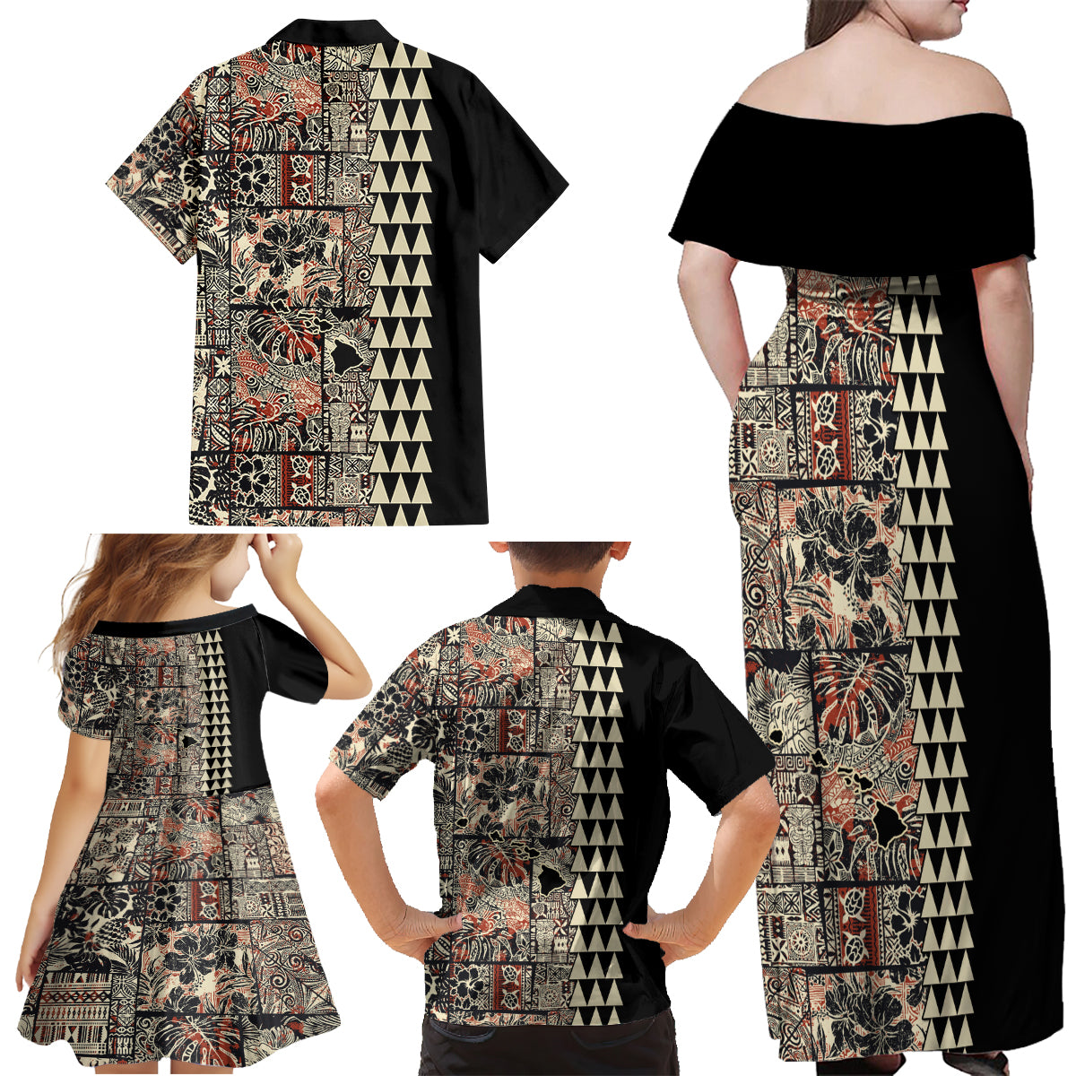 Hawaiian Quilt Family Matching Off Shoulder Maxi Dress and Hawaiian Shirt Hibiscus Kakau Vintage Style - Wonder Print Shop