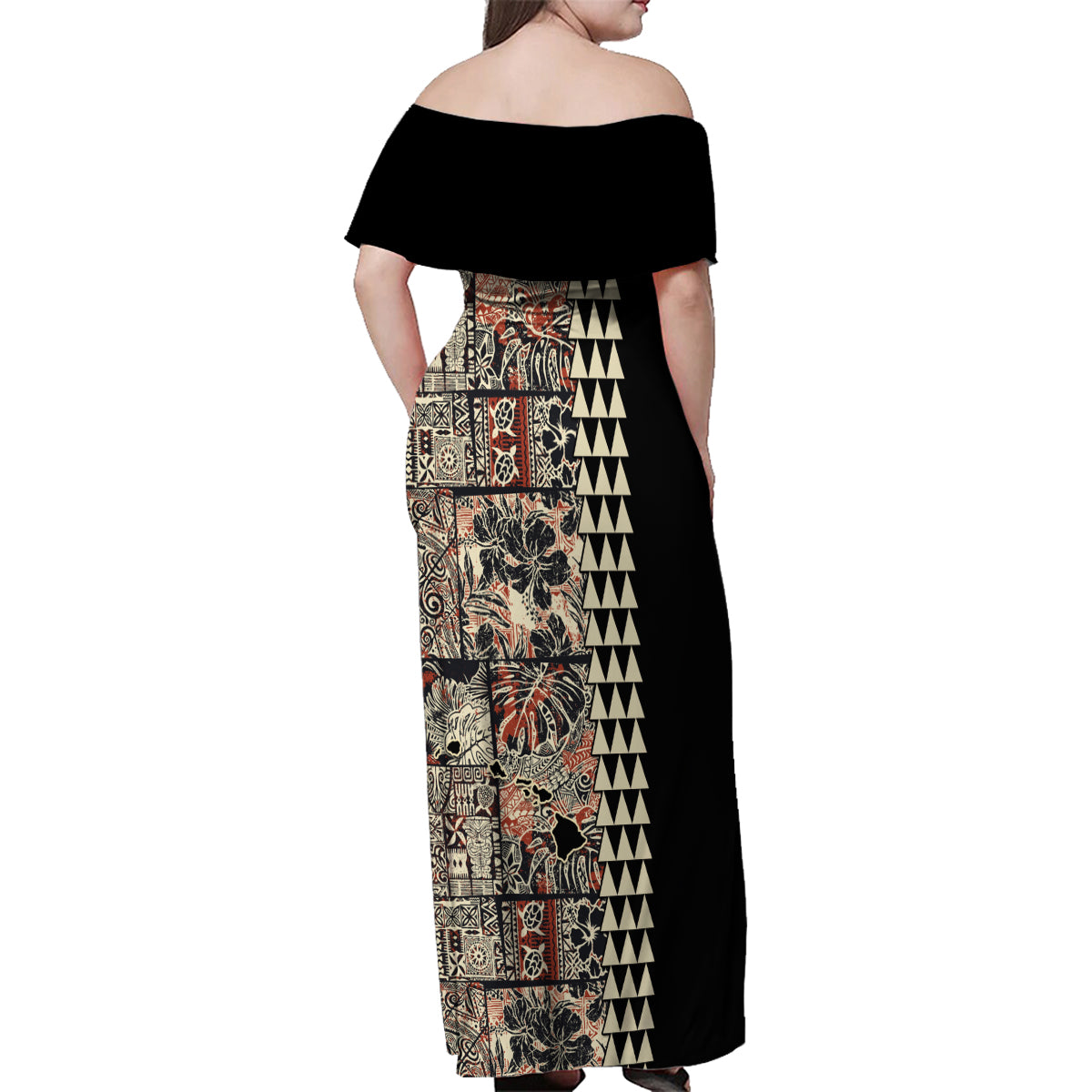 Hawaiian Quilt Family Matching Off Shoulder Maxi Dress and Hawaiian Shirt Hibiscus Kakau Vintage Style - Wonder Print Shop