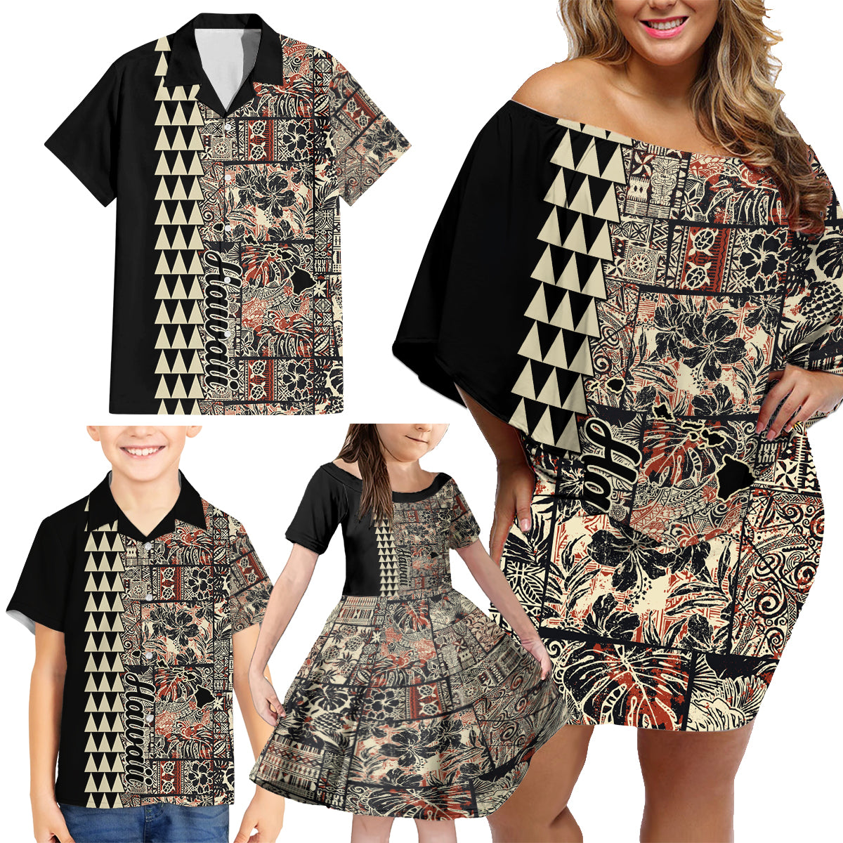 Hawaiian Quilt Family Matching Off Shoulder Short Dress and Hawaiian Shirt Hibiscus Kakau Vintage Style - Wonder Print Shop