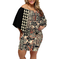 Hawaiian Quilt Family Matching Off Shoulder Short Dress and Hawaiian Shirt Hibiscus Kakau Vintage Style - Wonder Print Shop