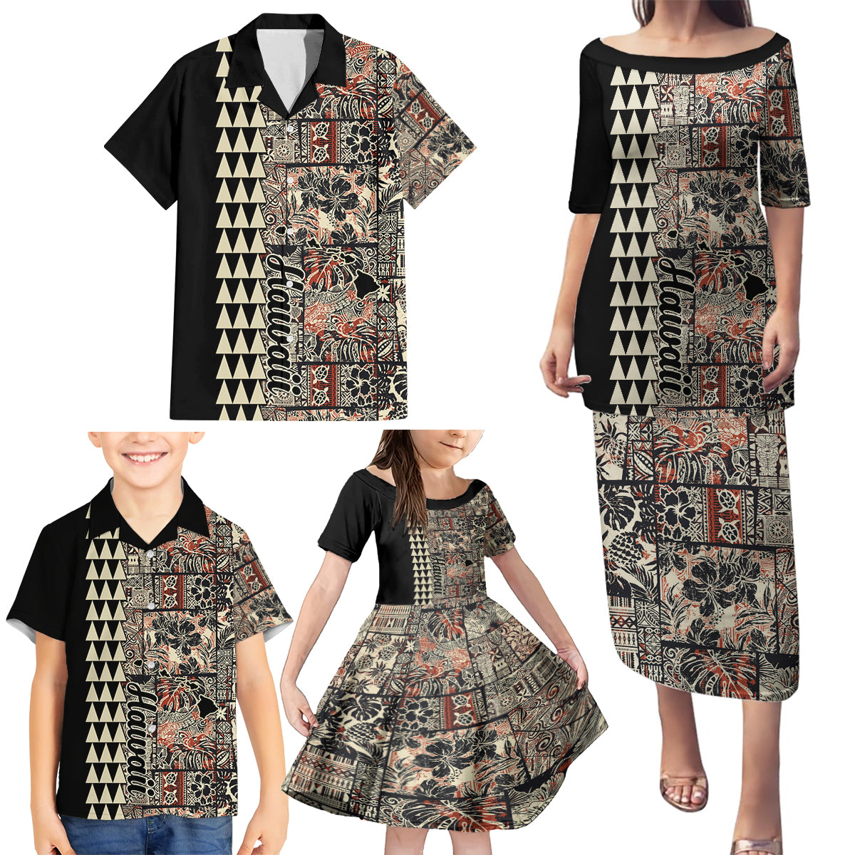 Hawaiian Quilt Family Matching Puletasi Dress and Hawaiian Shirt Hibiscus Kakau Vintage Style - Wonder Print Shop