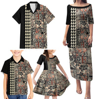 Hawaiian Quilt Family Matching Puletasi Dress and Hawaiian Shirt Hibiscus Kakau Vintage Style - Wonder Print Shop