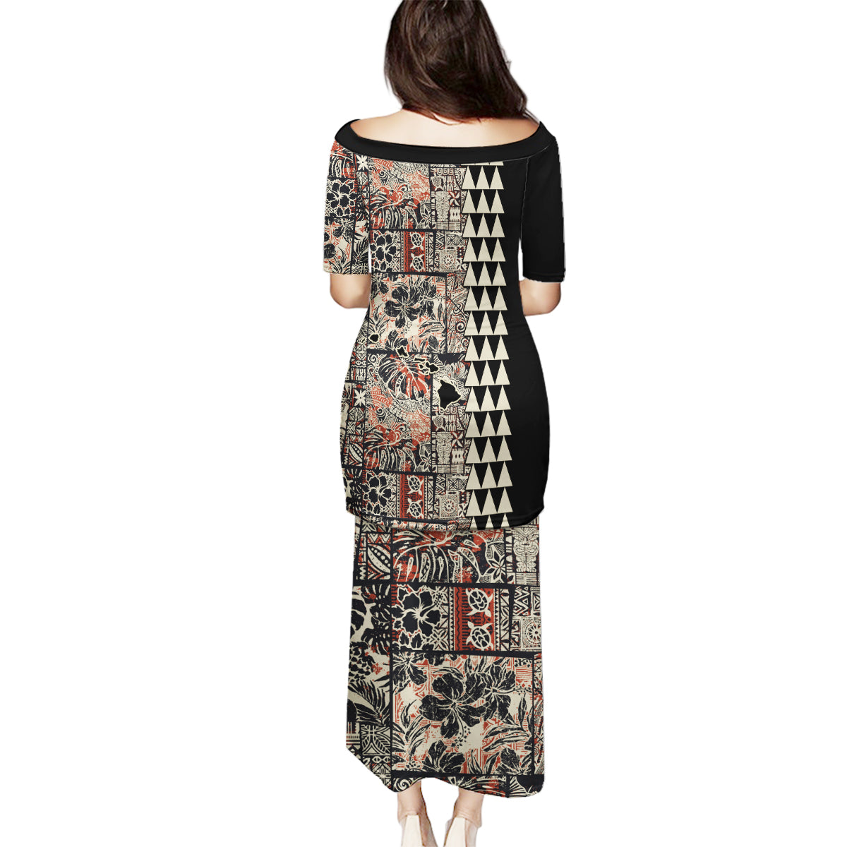 Hawaiian Quilt Family Matching Puletasi Dress and Hawaiian Shirt Hibiscus Kakau Vintage Style - Wonder Print Shop