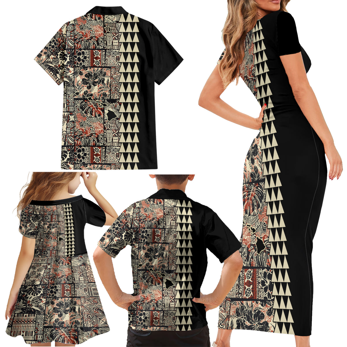 Hawaiian Quilt Family Matching Short Sleeve Bodycon Dress and Hawaiian Shirt Hibiscus Kakau Vintage Style - Wonder Print Shop