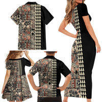 Hawaiian Quilt Family Matching Short Sleeve Bodycon Dress and Hawaiian Shirt Hibiscus Kakau Vintage Style - Wonder Print Shop