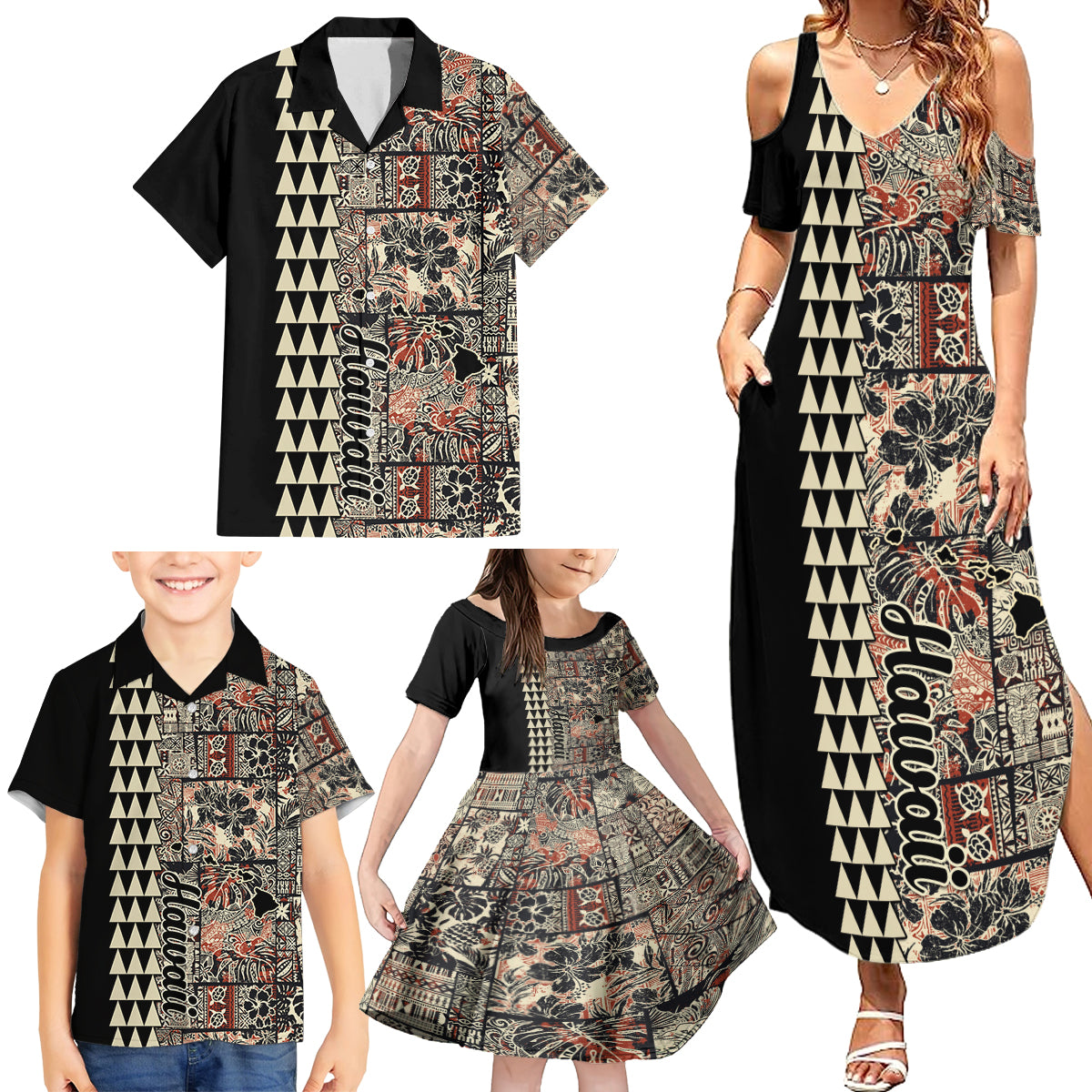 Hawaiian Quilt Family Matching Summer Maxi Dress and Hawaiian Shirt Hibiscus Kakau Vintage Style - Wonder Print Shop