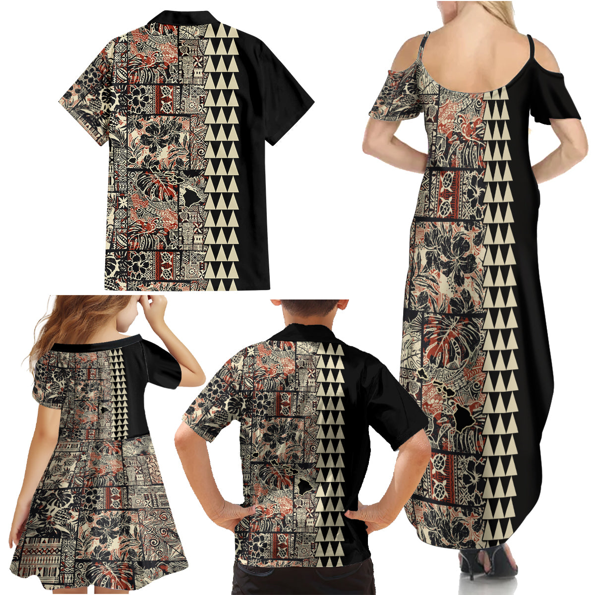 Hawaiian Quilt Family Matching Summer Maxi Dress and Hawaiian Shirt Hibiscus Kakau Vintage Style - Wonder Print Shop