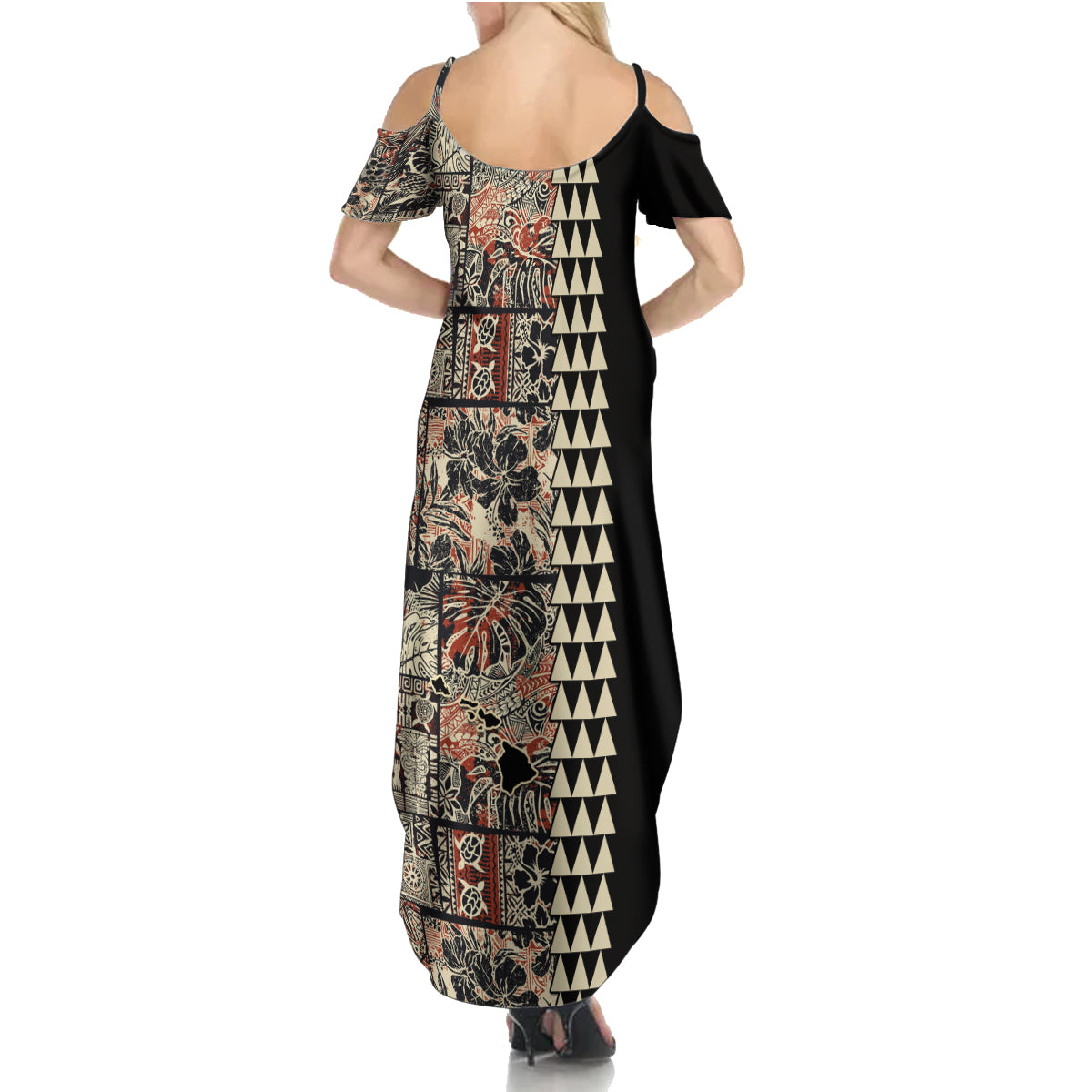 Hawaiian Quilt Family Matching Summer Maxi Dress and Hawaiian Shirt Hibiscus Kakau Vintage Style - Wonder Print Shop