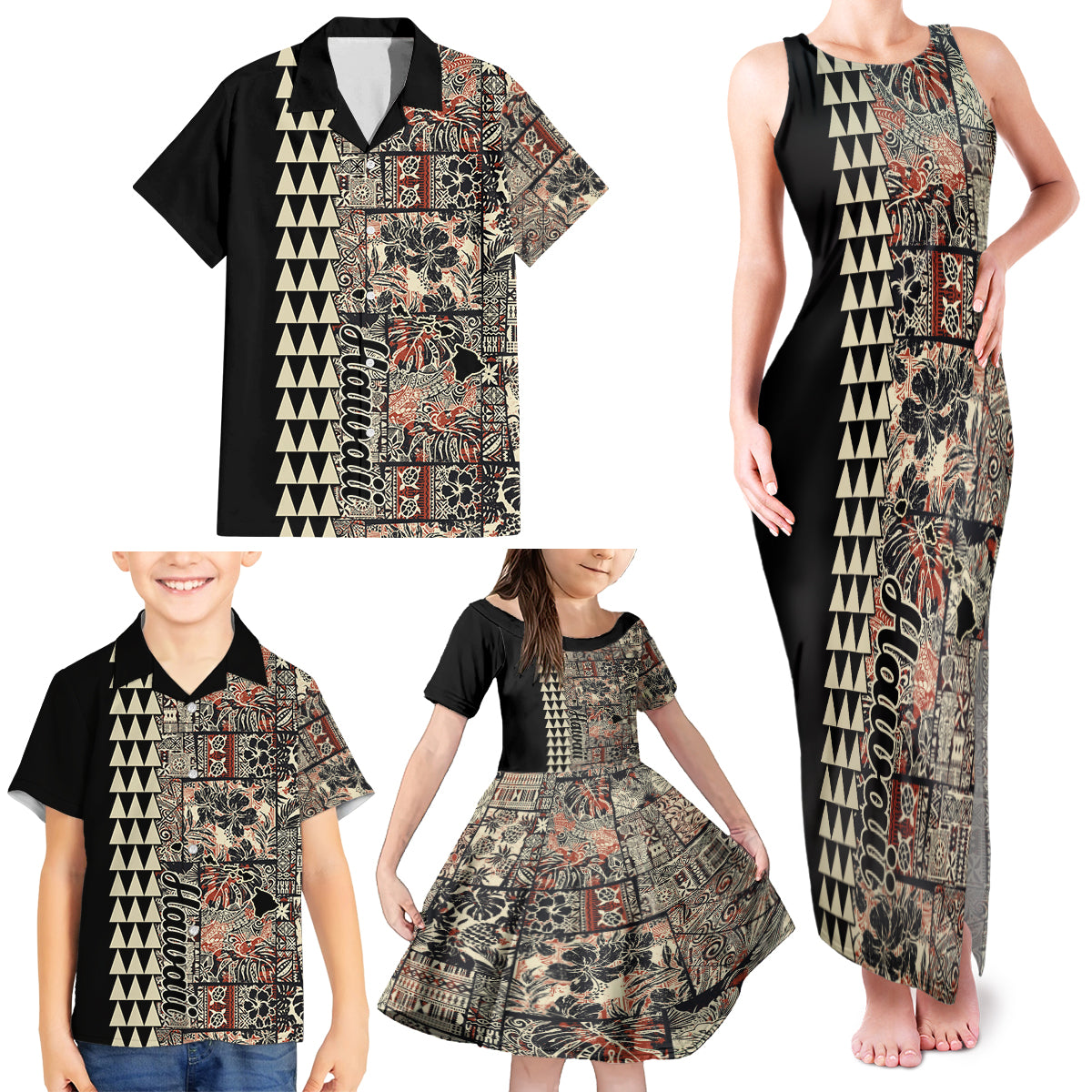 Hawaiian Quilt Family Matching Tank Maxi Dress and Hawaiian Shirt Hibiscus Kakau Vintage Style - Wonder Print Shop