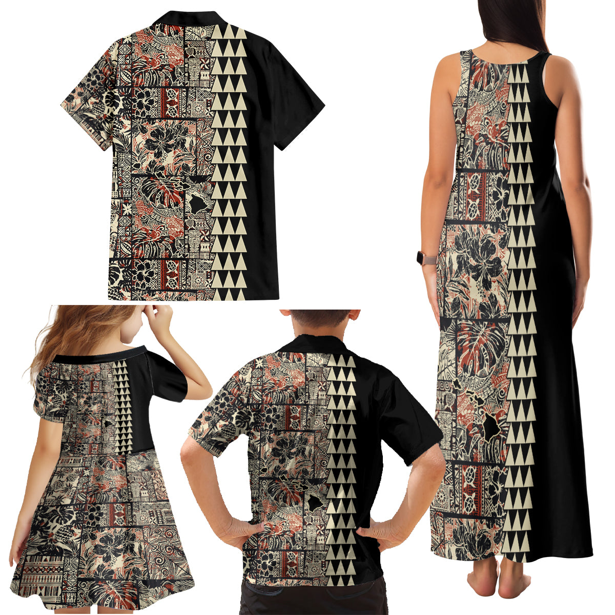 Hawaiian Quilt Family Matching Tank Maxi Dress and Hawaiian Shirt Hibiscus Kakau Vintage Style - Wonder Print Shop