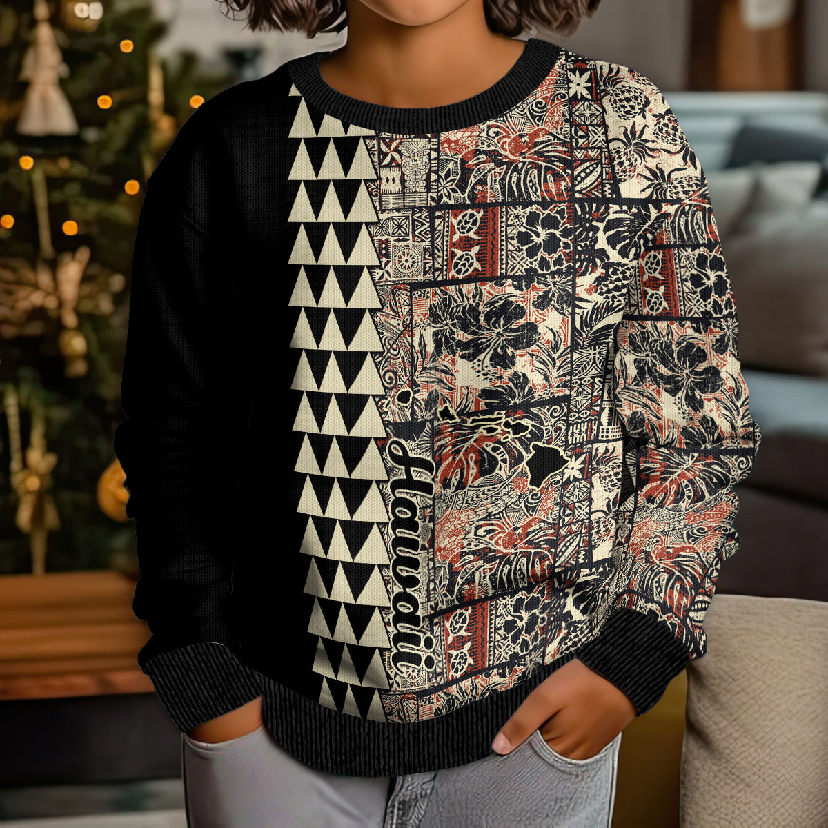Hawaii Quilt Kid Ugly Christmas Sweater Hibiscus Kakau Vintage Style - Wonder Print Shop