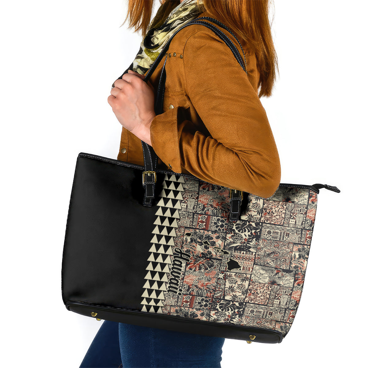 Hawaiian Quilt Leather Tote Bag Hibiscus Kakau Vintage Style - Wonder Print Shop