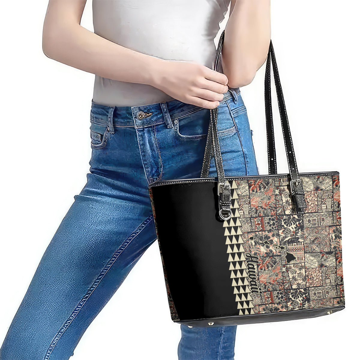 Hawaiian Quilt Leather Tote Bag Hibiscus Kakau Vintage Style - Wonder Print Shop