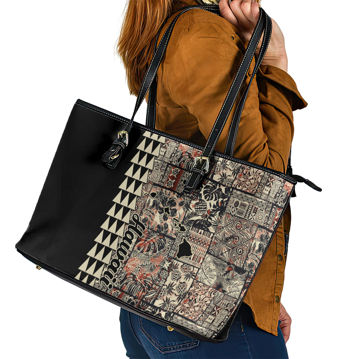 Hawaiian Quilt Leather Tote Bag Hibiscus Kakau Vintage Style - Wonder Print Shop