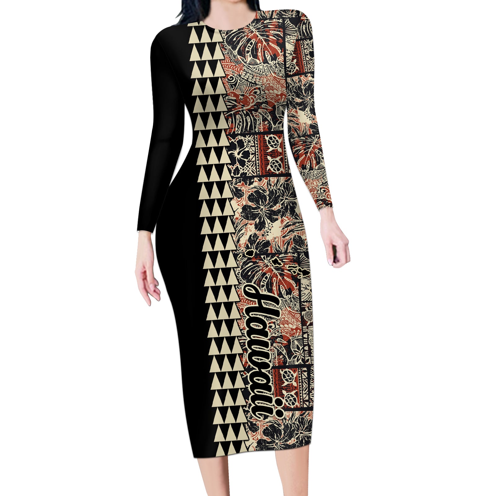 Hawaiian Quilt Long Sleeve Bodycon Dress Hibiscus Kakau Vintage Style - Wonder Print Shop