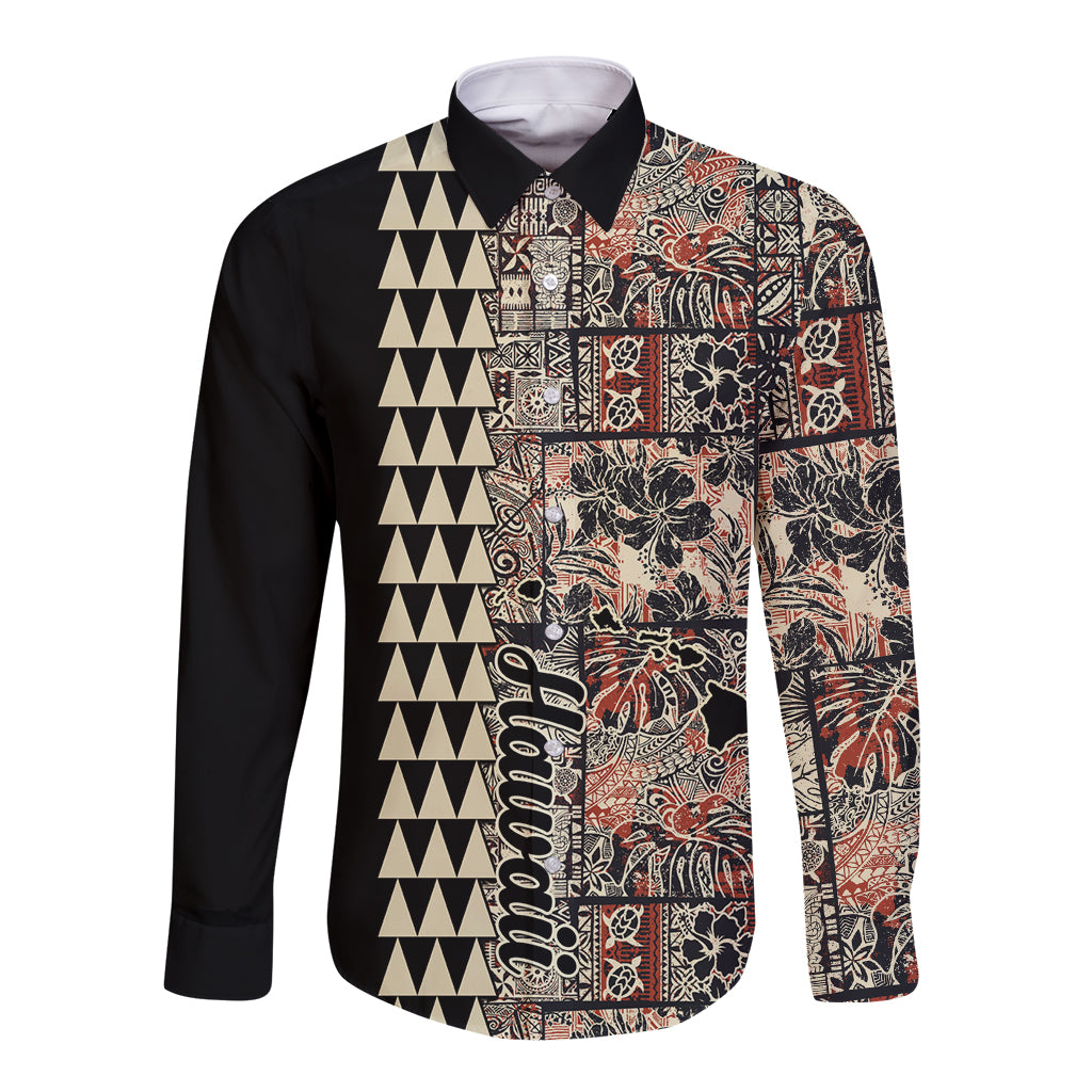 Hawaiian Quilt Long Sleeve Button Shirt Hibiscus Kakau Vintage Style - Wonder Print Shop
