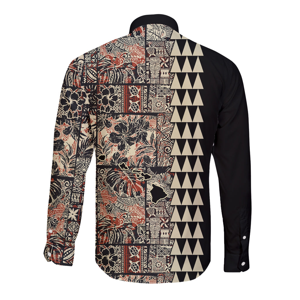 Hawaiian Quilt Long Sleeve Button Shirt Hibiscus Kakau Vintage Style - Wonder Print Shop
