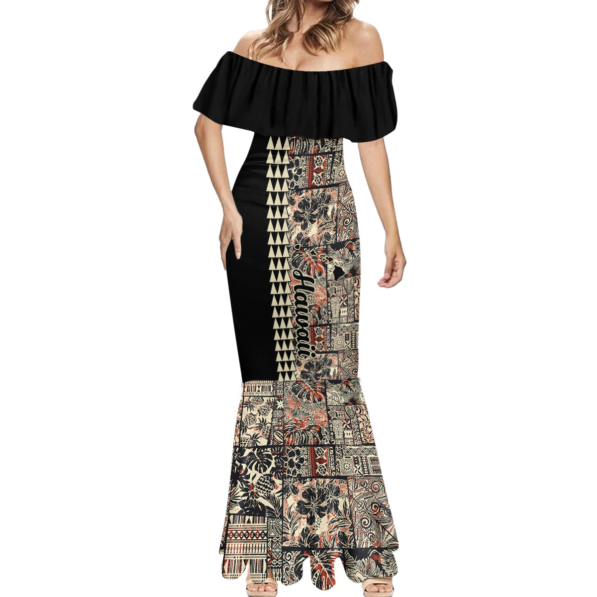 Hawaiian Quilt Mermaid Dress Hibiscus Kakau Vintage Style - Wonder Print Shop