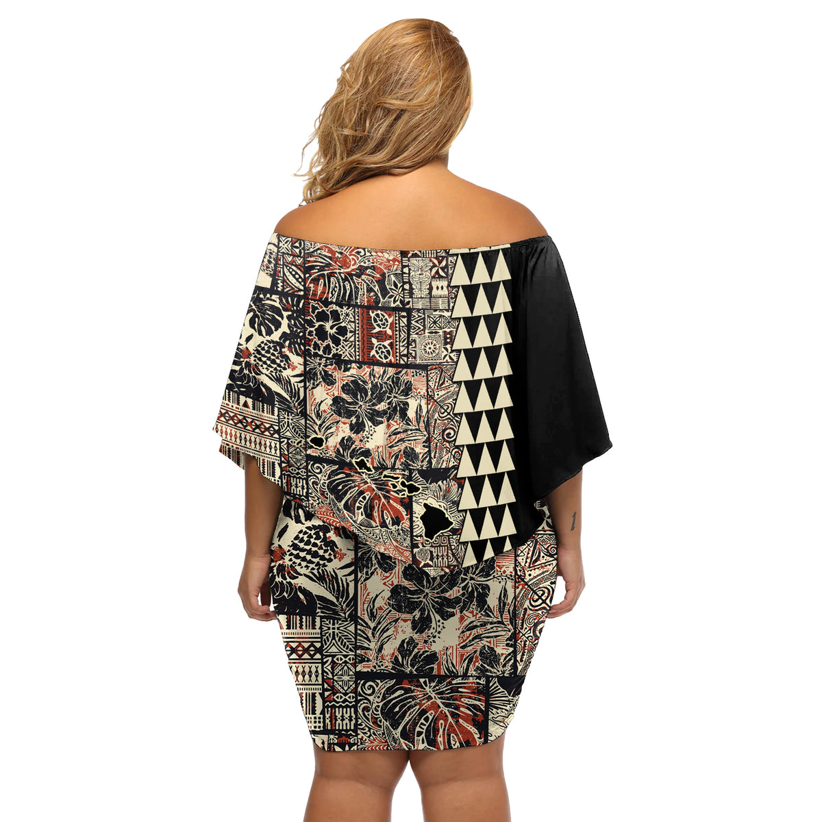Hawaiian Quilt Off Shoulder Short Dress Hibiscus Kakau Vintage Style - Wonder Print Shop