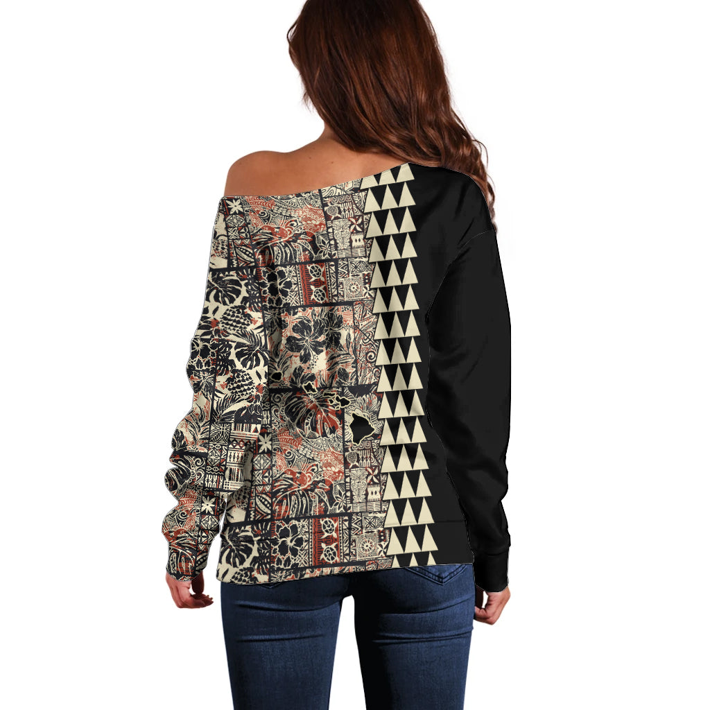 Hawaiian Quilt Off Shoulder Sweater Hibiscus Kakau Vintage Style - Wonder Print Shop