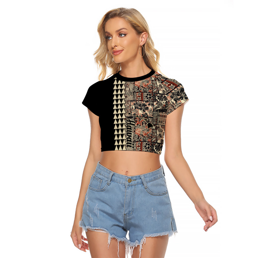Hawaiian Quilt Raglan Cropped T Shirt Hibiscus Kakau Vintage Style - Wonder Print Shop