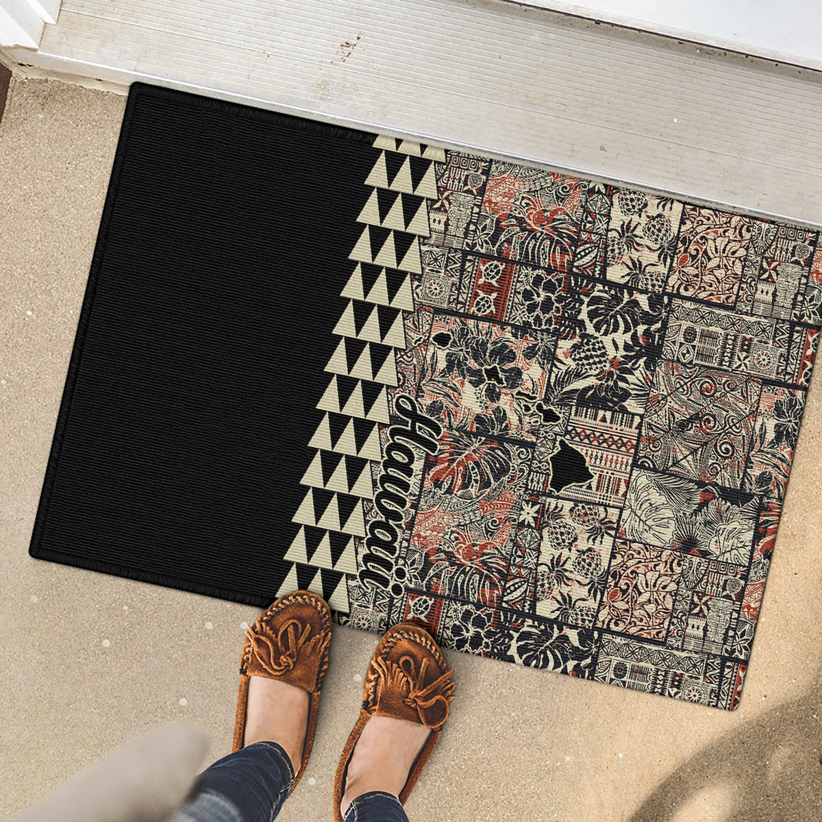 Hawaiian Quilt Rubber Doormat Hibiscus Kakau Vintage Style - Wonder Print Shop