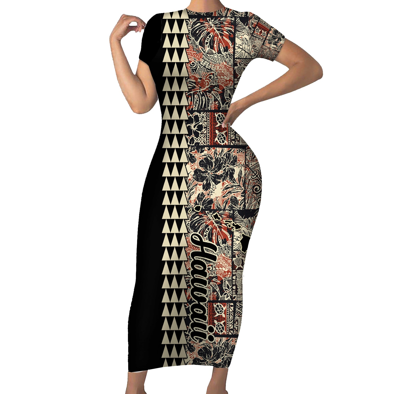 Hawaiian Quilt Short Sleeve Bodycon Dress Hibiscus Kakau Vintage Style - Wonder Print Shop