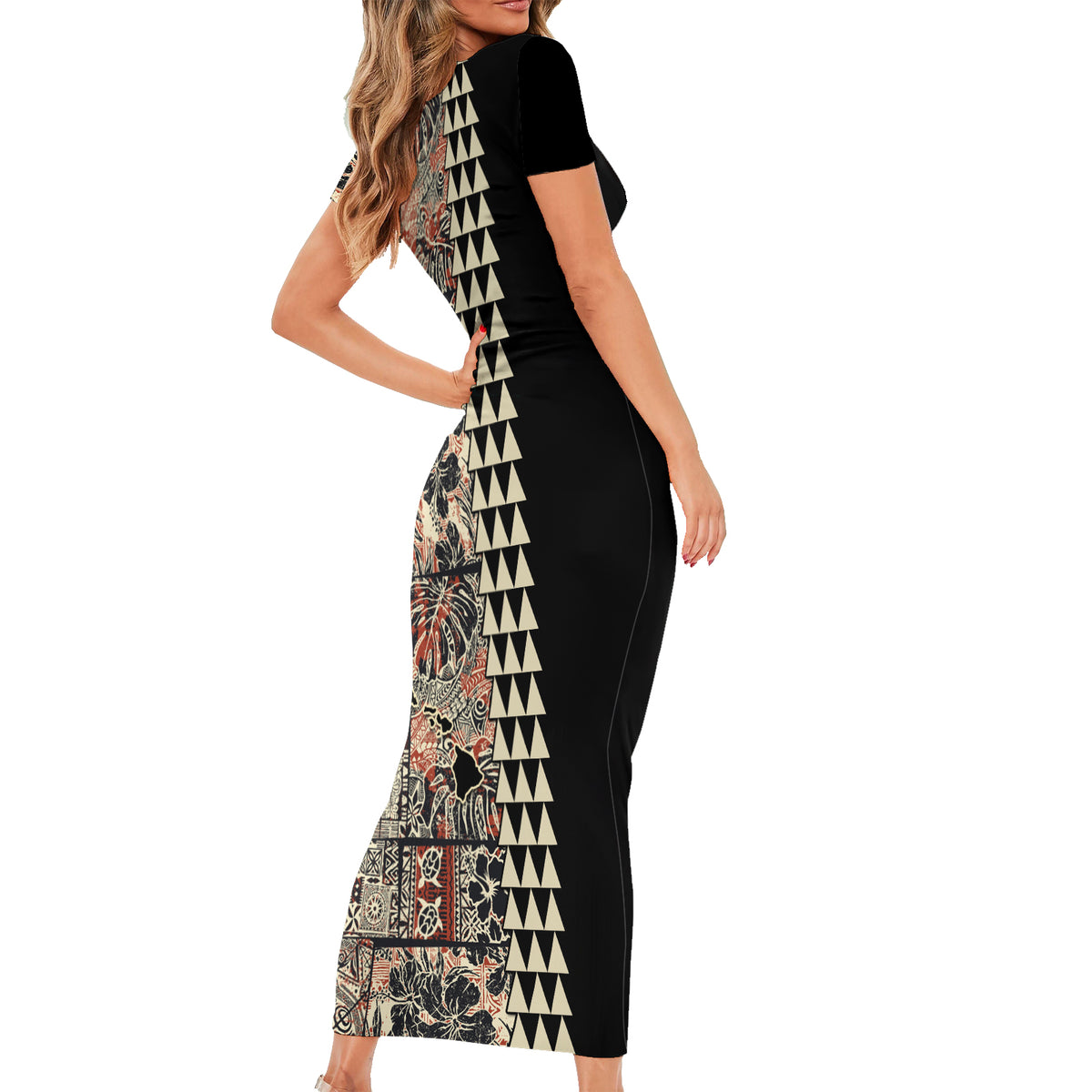 Hawaiian Quilt Short Sleeve Bodycon Dress Hibiscus Kakau Vintage Style - Wonder Print Shop