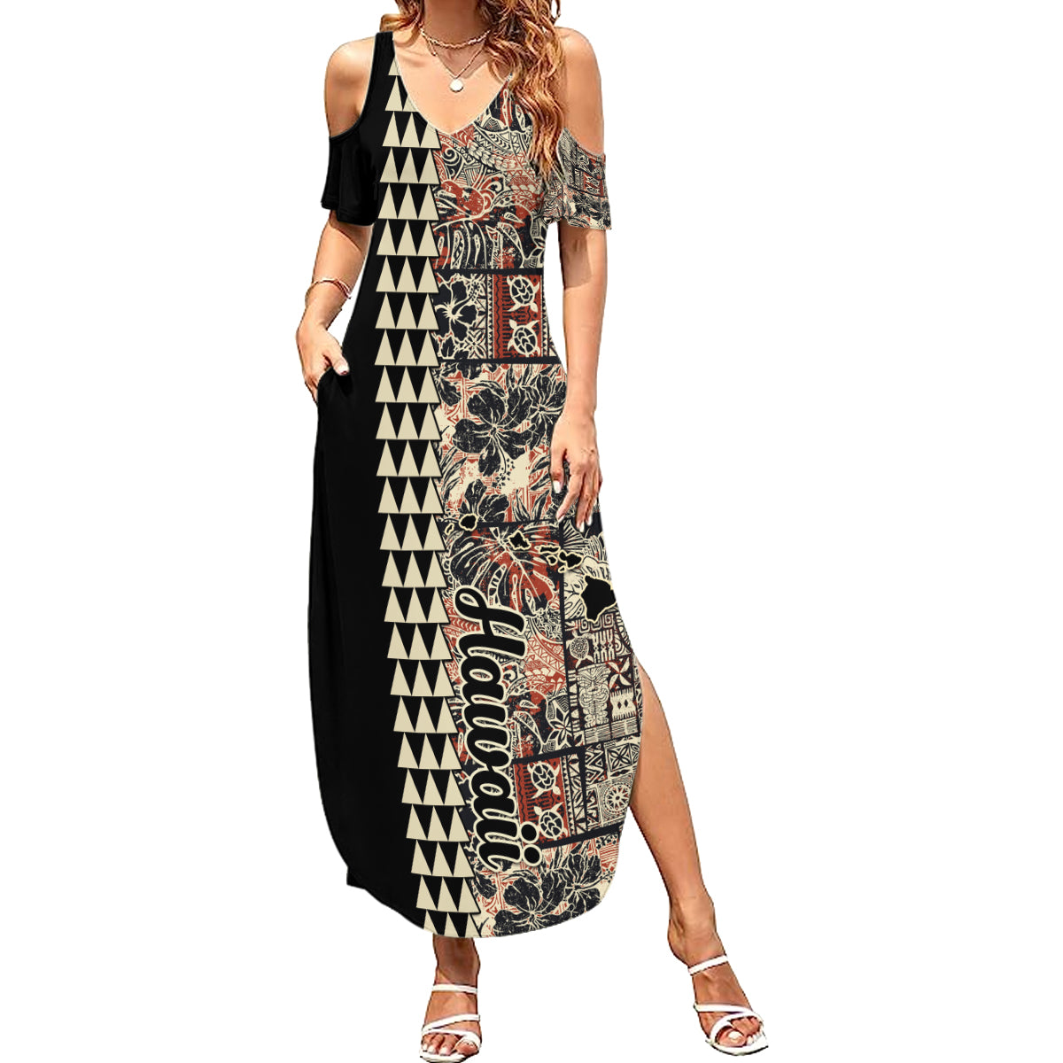 Hawaiian Quilt Summer Maxi Dress Hibiscus Kakau Vintage Style - Wonder Print Shop
