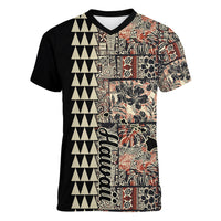 Hawaiian Quilt Women V Neck T Shirt Hibiscus Kakau Vintage Style - Wonder Print Shop