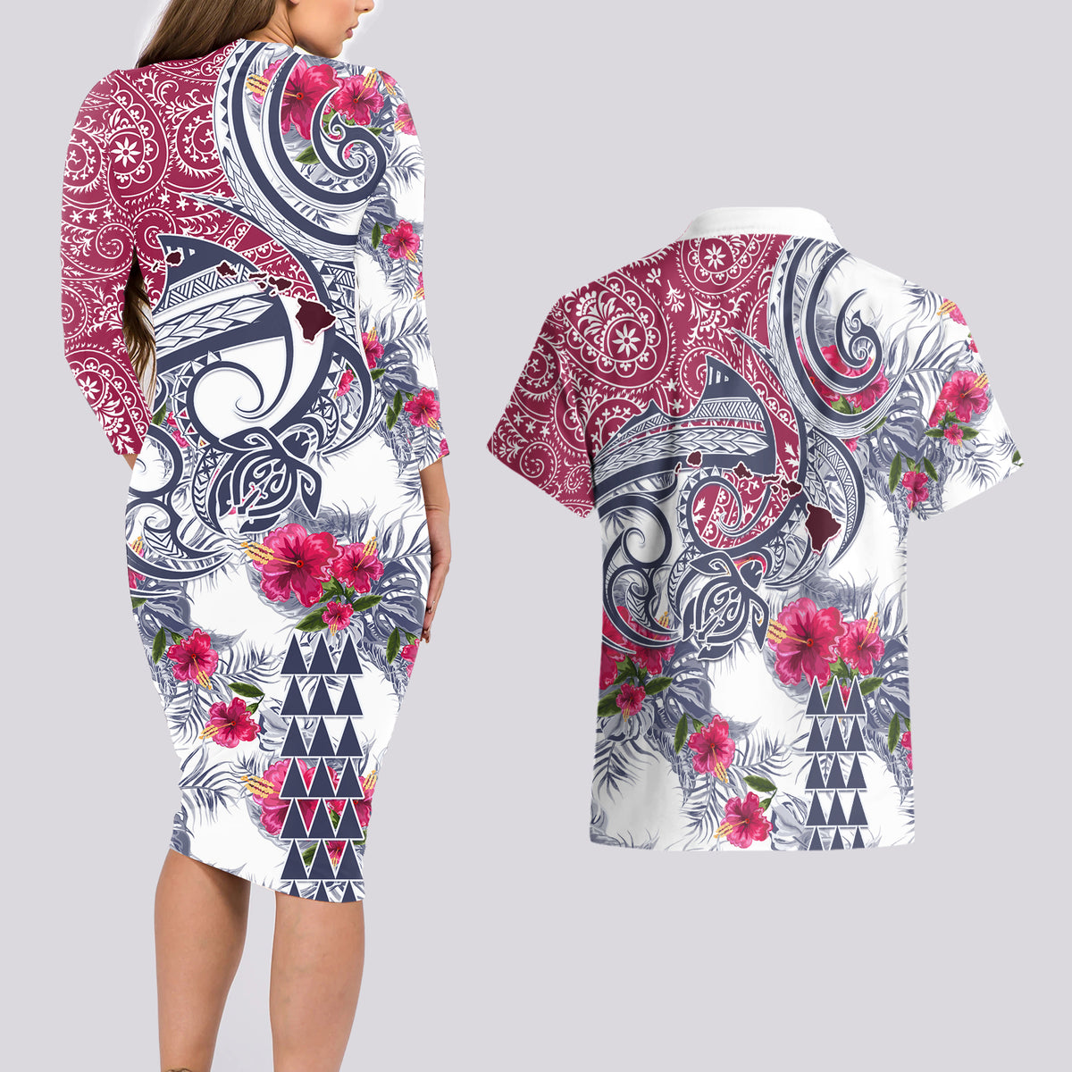 Hawaii Kakau Mix Paisley Pattern Couples Matching Long Sleeve Bodycon Dress and Hawaiian Shirt Polynesian Tropical Unique Style - Wonder Print Shop