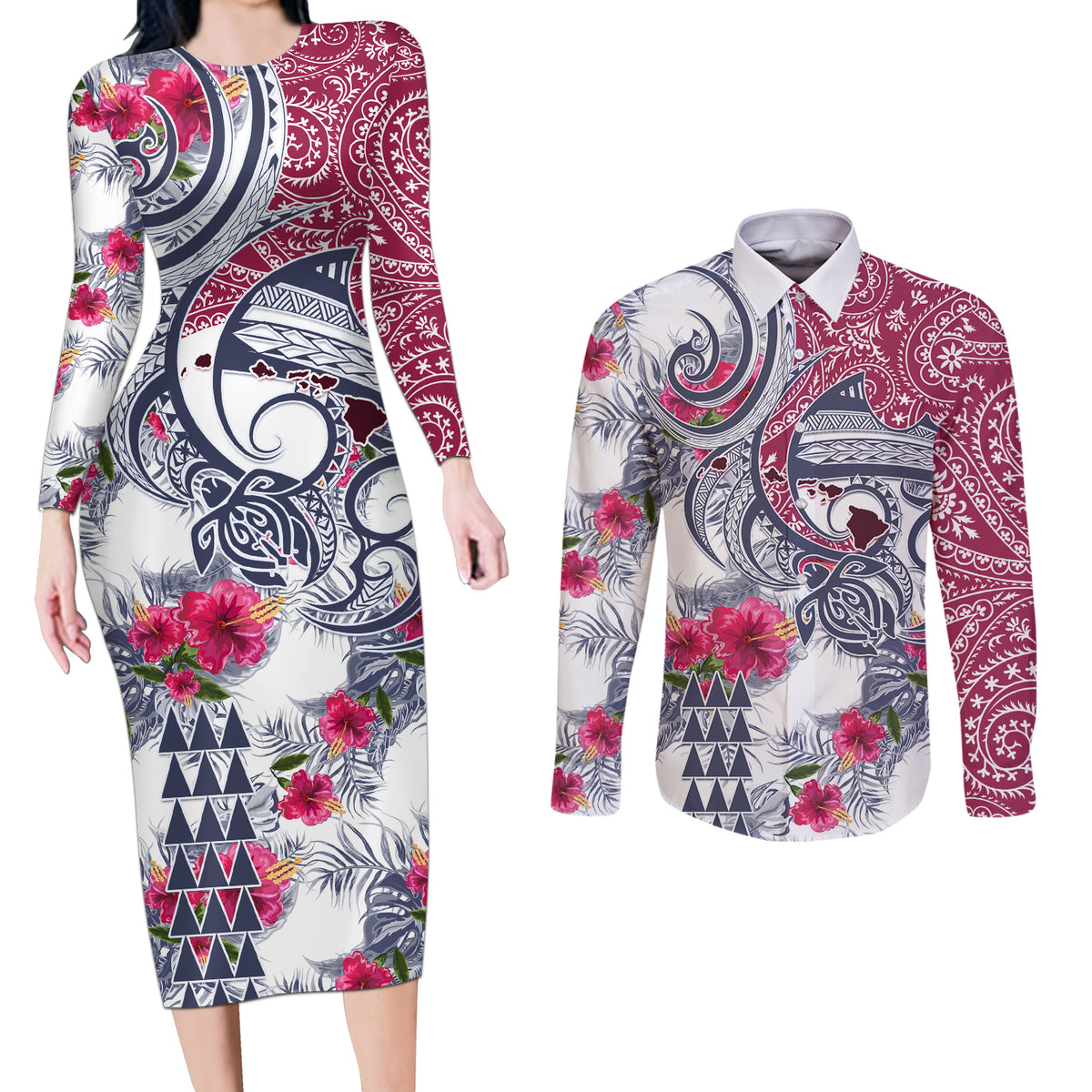 Hawaii Kakau Mix Paisley Pattern Couples Matching Long Sleeve Bodycon Dress and Long Sleeve Button Shirt Polynesian Tropical Unique Style - Wonder Print Shop