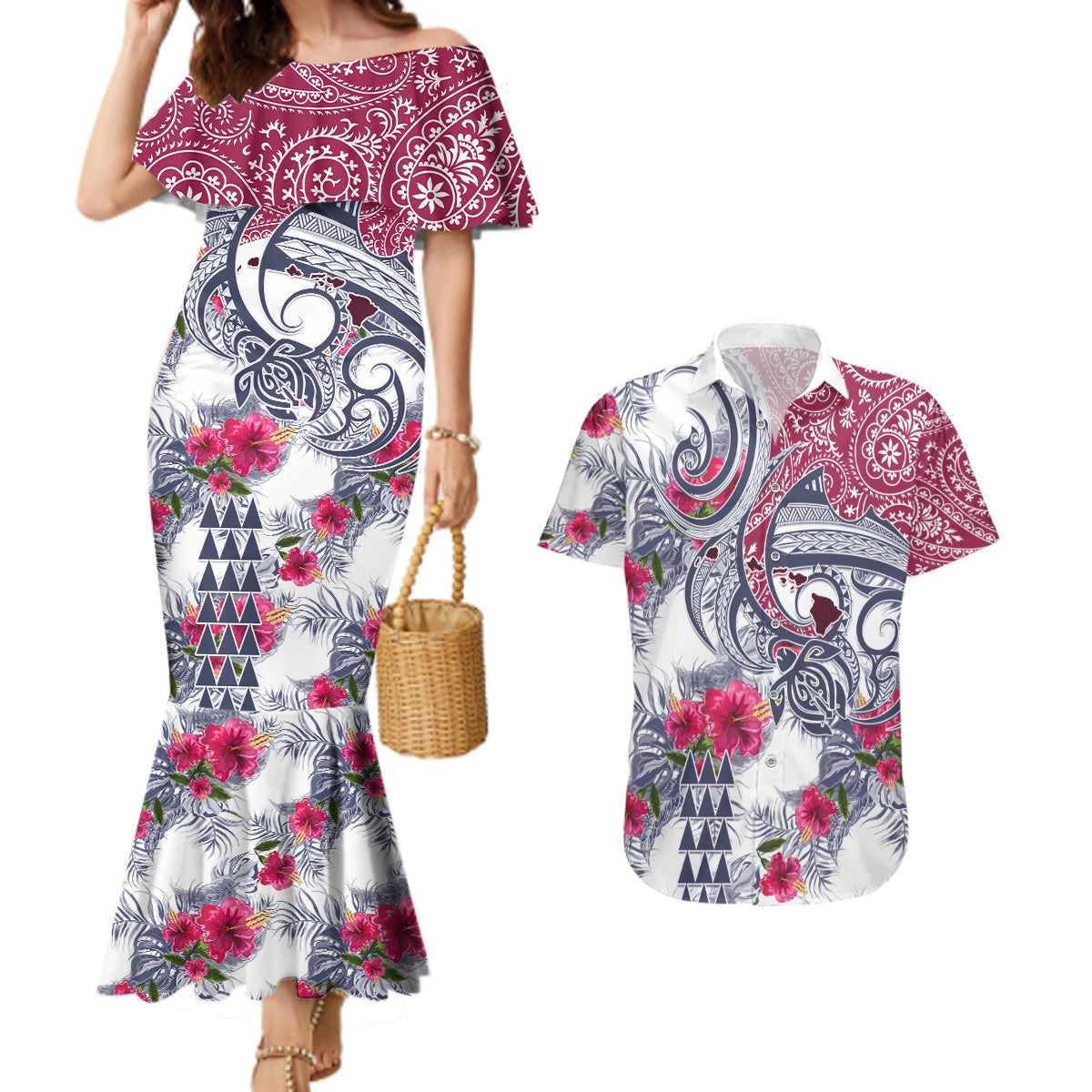 Hawaii Kakau Mix Paisley Pattern Couples Matching Mermaid Dress and Hawaiian Shirt Polynesian Tropical Unique Style - Wonder Print Shop