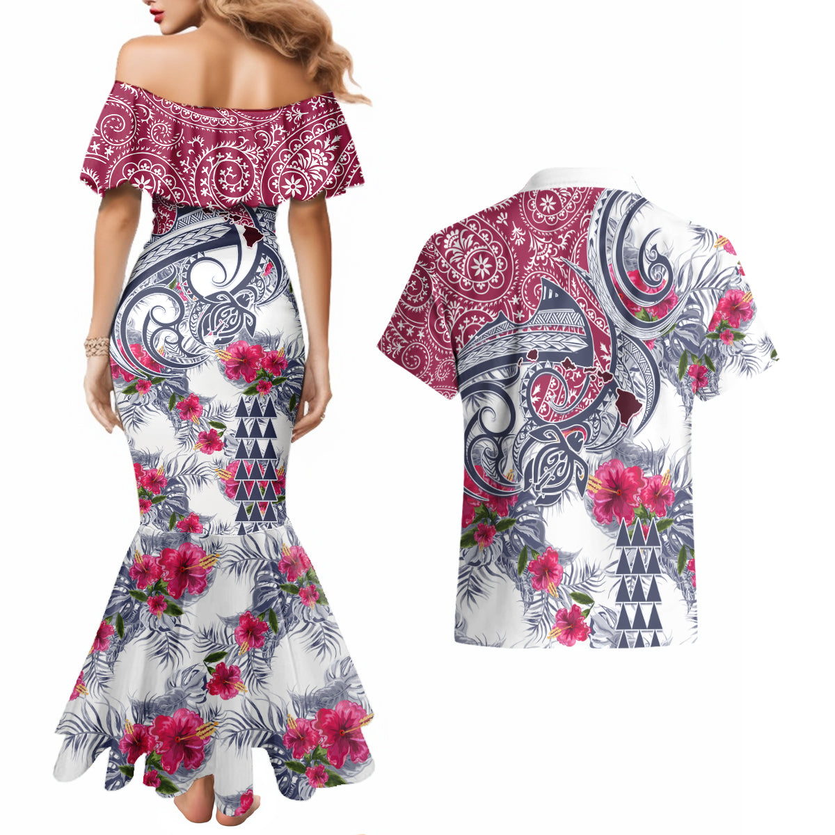 Hawaii Kakau Mix Paisley Pattern Couples Matching Mermaid Dress and Hawaiian Shirt Polynesian Tropical Unique Style - Wonder Print Shop