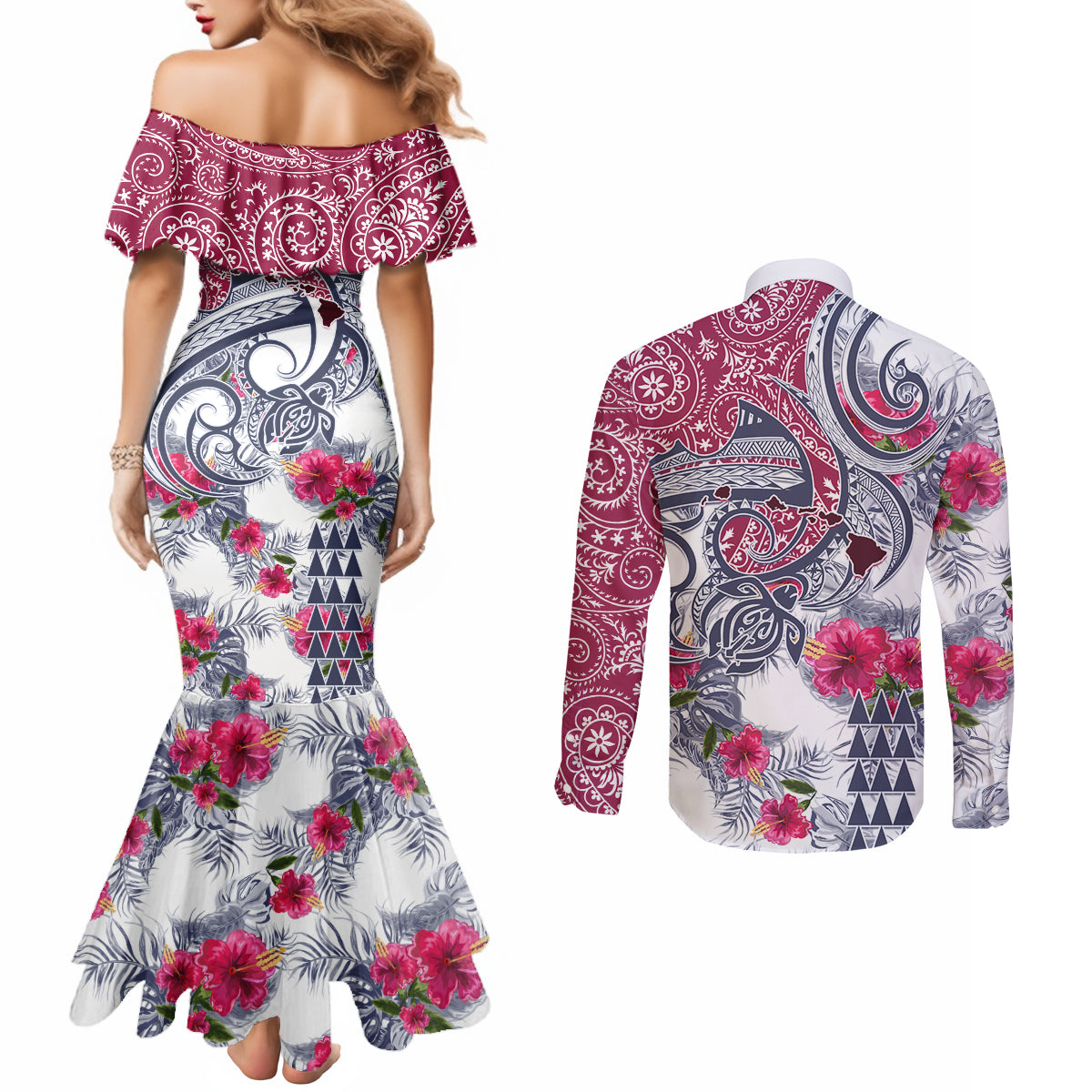 hawaii-kakau-mix-paisley-pattern-couples-matching-mermaid-dress-and-long-sleeve-button-shirt-polynesian-tropical-unique-style