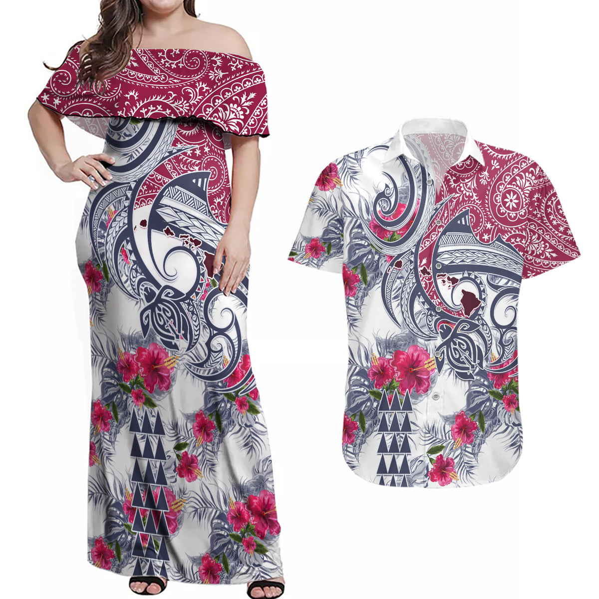 Hawaii Kakau Mix Paisley Pattern Couples Matching Off Shoulder Maxi Dress and Hawaiian Shirt Polynesian Tropical Unique Style - Wonder Print Shop