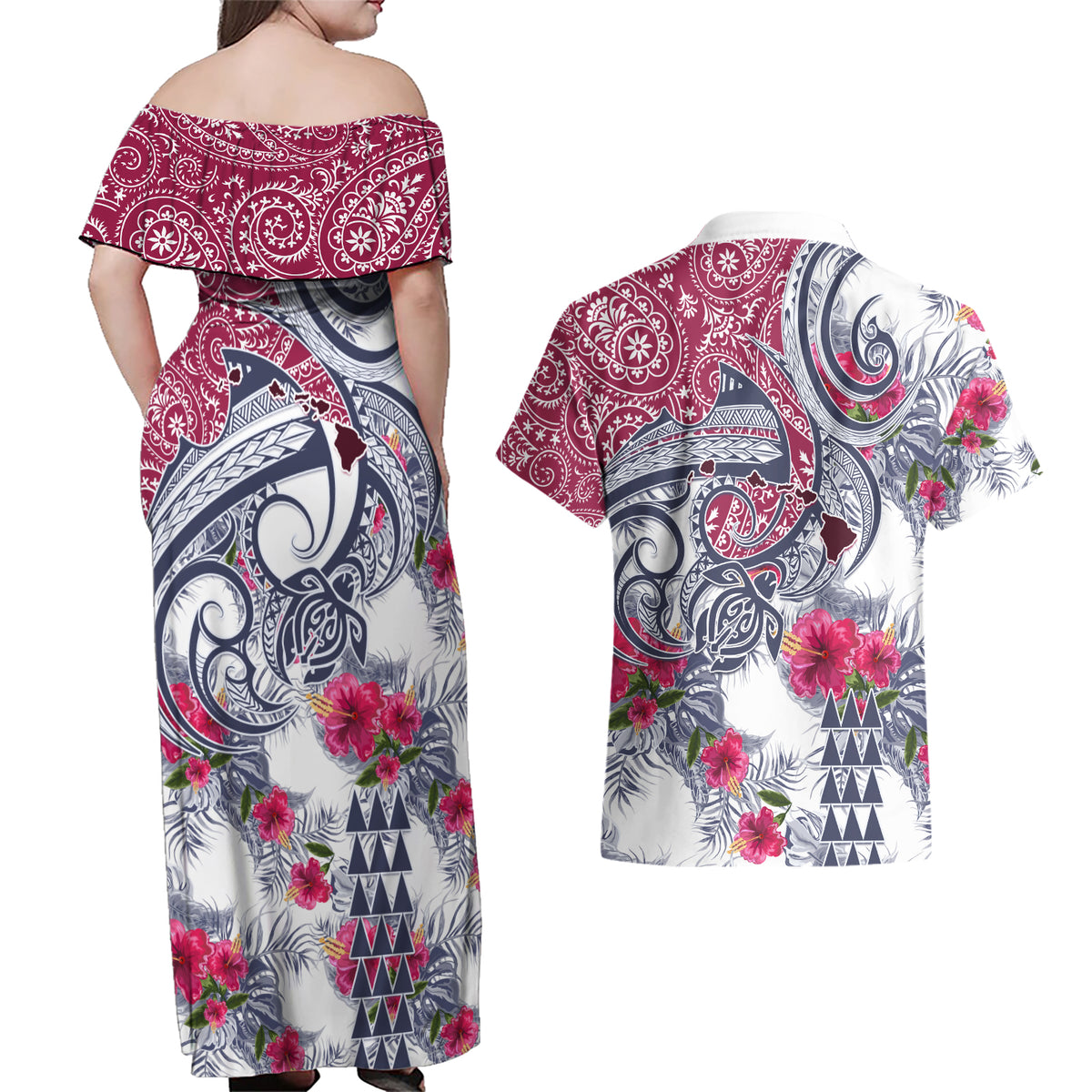 Hawaii Kakau Mix Paisley Pattern Couples Matching Off Shoulder Maxi Dress and Hawaiian Shirt Polynesian Tropical Unique Style - Wonder Print Shop
