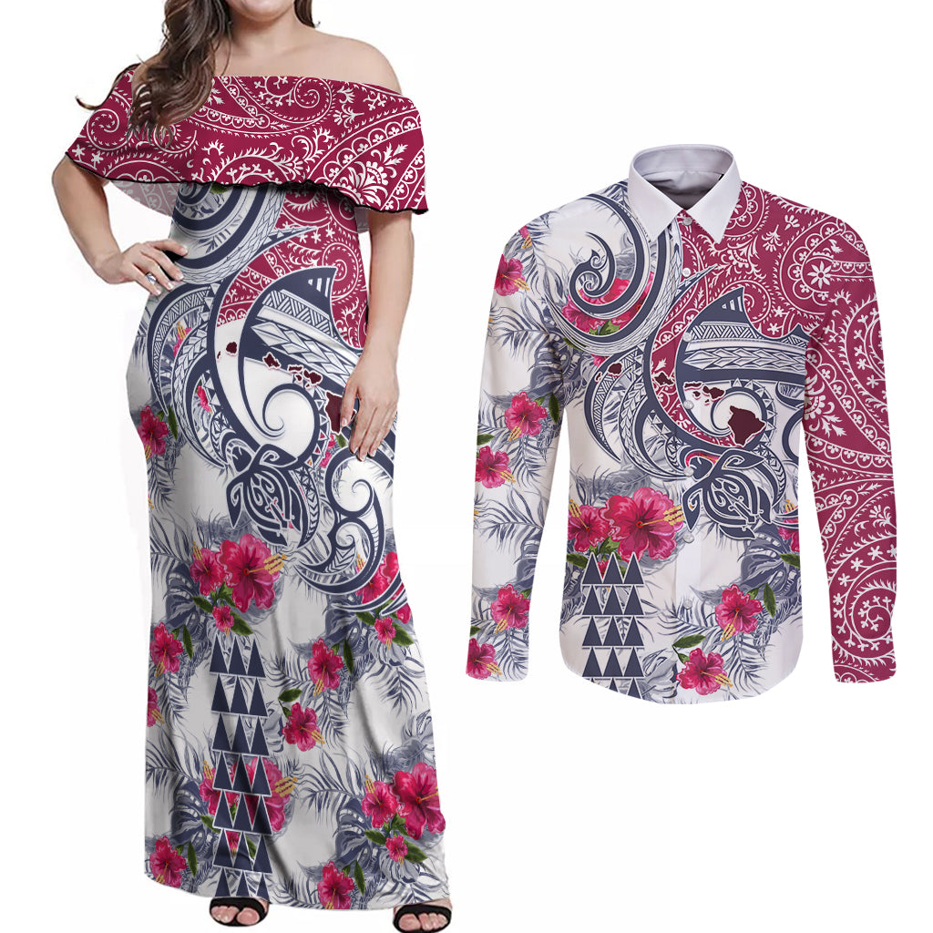 Hawaii Kakau Mix Paisley Pattern Couples Matching Off Shoulder Maxi Dress and Long Sleeve Button Shirt Polynesian Tropical Unique Style - Wonder Print Shop