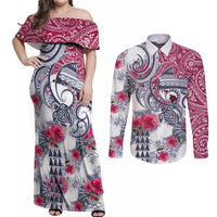 Hawaii Kakau Mix Paisley Pattern Couples Matching Off Shoulder Maxi Dress and Long Sleeve Button Shirt Polynesian Tropical Unique Style - Wonder Print Shop