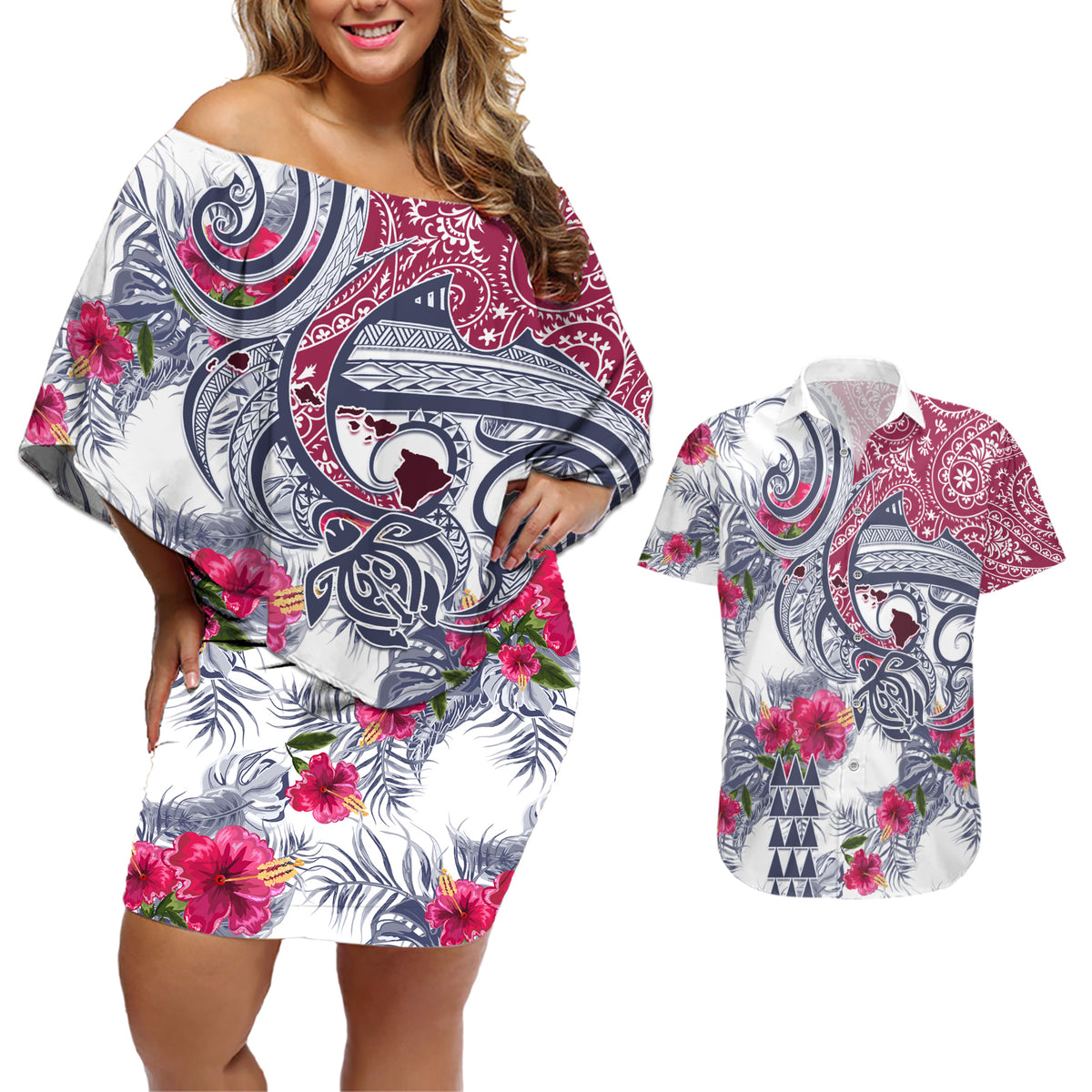 Hawaii Kakau Mix Paisley Pattern Couples Matching Off Shoulder Short Dress and Hawaiian Shirt Polynesian Tropical Unique Style - Wonder Print Shop