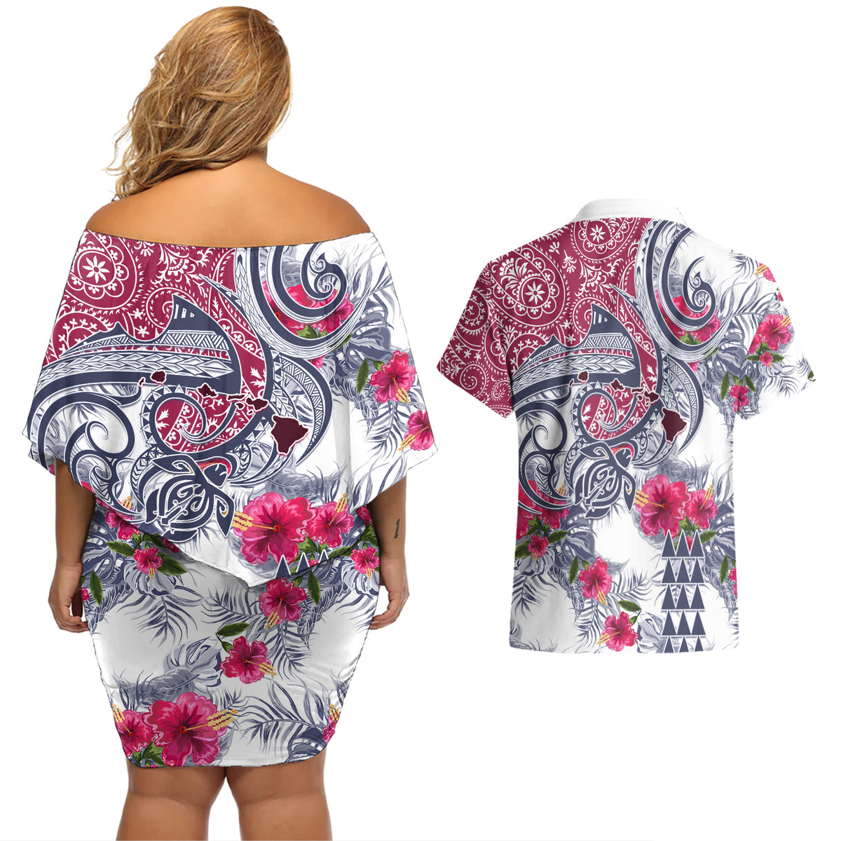 Hawaii Kakau Mix Paisley Pattern Couples Matching Off Shoulder Short Dress and Hawaiian Shirt Polynesian Tropical Unique Style - Wonder Print Shop